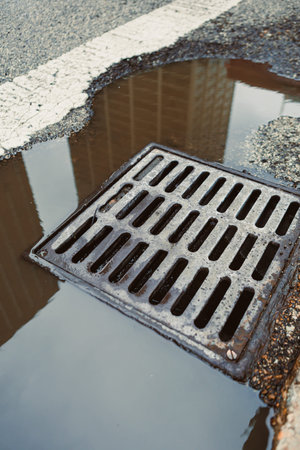 Puddles of water form around a storm drain on a busy street after heavy rainfall in the afternoon.