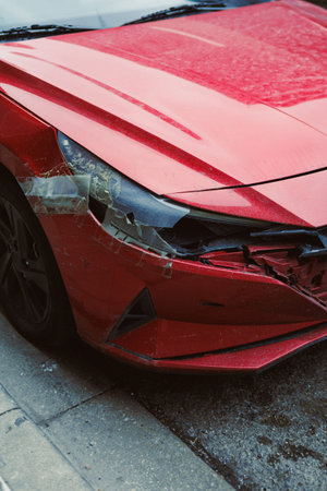 A red car is parked next to a sidewalk with visible damage on the front end. The area is busy with...