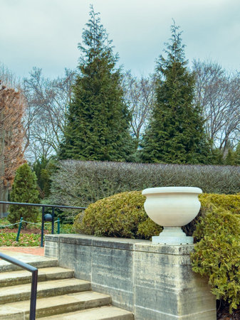 Steps lead up to a stone planter surrounded by green bushes and tall trees in a garden setting on a cloudy day. The scene shows the colors of late autumn in the background.の写真素材