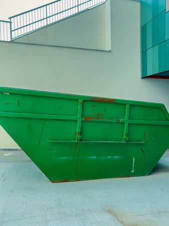 A large green dumpster is placed on a concrete surface next to a building in an urban area, showing...