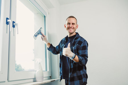 A man with gloves uses a squeegee to clean a window in a bright room. He smiles and gives a thumbs...