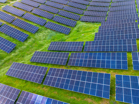 Rows of solar panels stretch across a green field. The panels capture sunlight for energy. This renewable energy site supports clean energy. The scene shows a sunny day and open land.