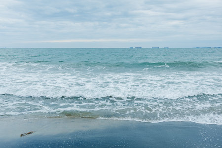 Waves roll in and out on a sandy beach while clouds cover the sky. Ships are visible on the horizon as the water meets the shore in a quiet setting.