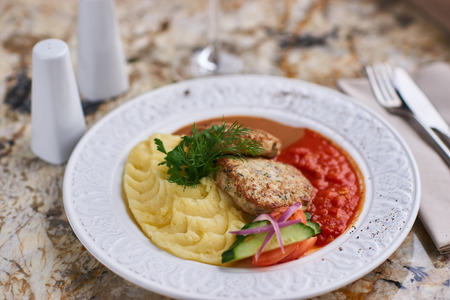 Chicken breast cutlets with mashed potatoesの写真素材