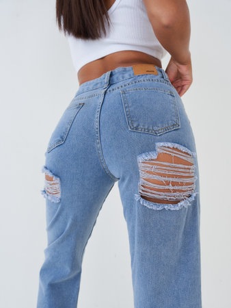 Ripped Denim Jeans with High Waist Detail
