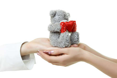 Man and woman hands holding teddy bear isolated on whiteの写真素材