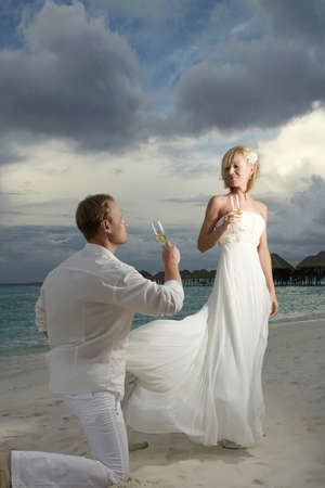 Wedding couple, bride and groom drinking champagne under threatening clouds at sunset. Magnificent evening twilight.の写真素材