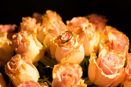 Wedding rings on the yellow roses. Buds. Petals. Bouquetの写真素材