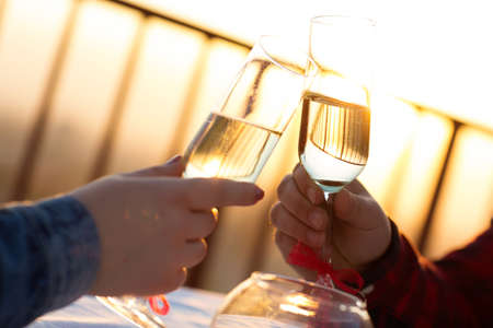 Romantic dinner on the roof at sunsetの写真素材