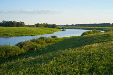 Green meadow with lake and hillsの写真素材