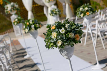 Wedding bouquet of  natural green flowers on stand.の写真素材
