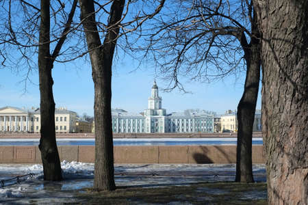 View of the kunstkamera in spring. Embankment of the Niva Riverの写真素材