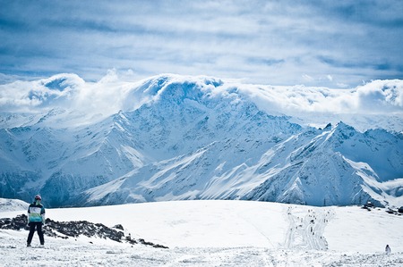 Clouds on the top of the ridge. Near Elbrus, Caucasus mountain.