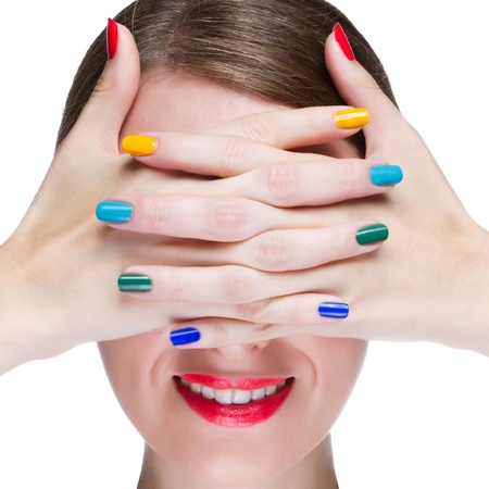 Happy young smiling woman concept. Isolated on white background. Makeup and Manicureの写真素材