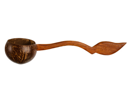 Wooden ladle isolated on white background. Asian ladle made of coconutの写真素材