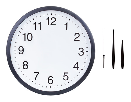 Blank clock face with hour, minute and second hands isolated on white background. Just set your own time