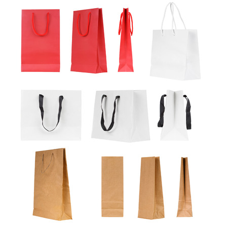 Blank shopping bag set isolated on a white background. Paper bags with copy spaceの写真素材