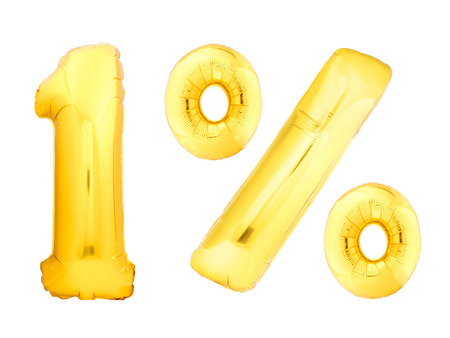Golden one percent made of inflatable balloons isolated on white background. One of full percentage setの写真素材
