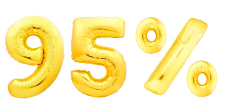 Golden ninety five 95 percent made of inflatable balloons isolated on white background. One of full percentage setの写真素材