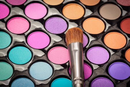 Top view of make-up eyeshadow palette with brush. Above viewの写真素材