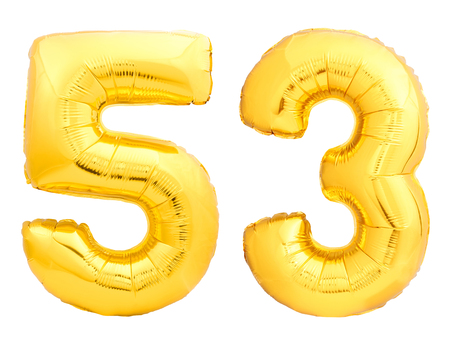 Golden number 53 fifty three made of inflatable balloon isolated on white backgroundの写真素材