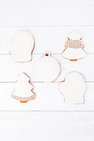 White decorated sugar Christmas cookies. Flat layの写真素材