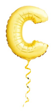 Golden letter C made of inflatable balloon with golden ribbon isolated on white backgroundの写真素材