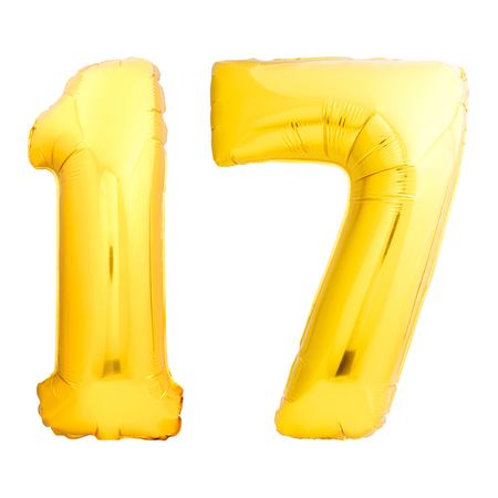 Golden number 17 seventeen made of inflatable balloon isolated on white backgroundの写真素材