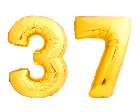 Golden number 37 thirty seven of inflatable balloon isolated on white backgroundの写真素材