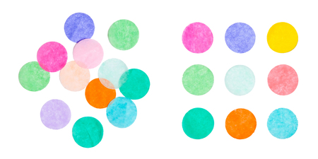 The concept of chaos and order. Chaotic colorful confetti lying around with confetti in rowsの写真素材