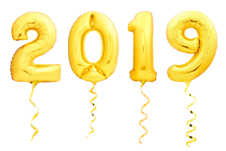 Golden Christmas 2019 balloons made of inflatable balloon with golden ribbon isolated on white backgroundの写真素材