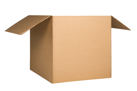 Cardboard box with opened cover isolated on white background.