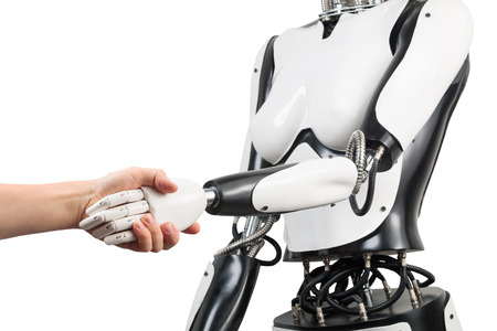 Female robot and man holding hands with handshake isolated on white background. Real robot not 3D...