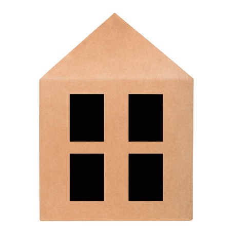 Cardboard house with windows isolated on white background. Cardboard home conceptの写真素材