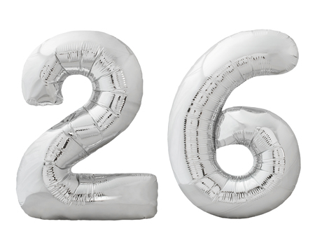 Silver chrome number 26 twenty six made of inflatable balloon isolated on white backgroundの写真素材