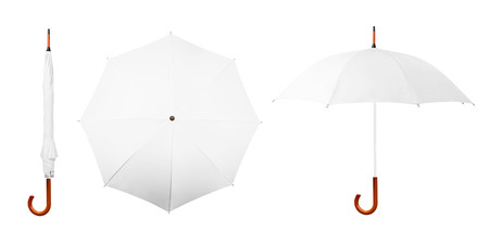 Set of white umbrellas isolated on white background. Collection of blank folded, closed, open umbrellas on white background. Side view. Top viewの写真素材