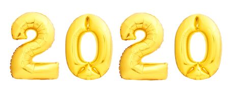 Golden Christmas balloons 2020 made of golden inflatable balloons isolated on white background. Happy New Year 2020 conceptの写真素材
