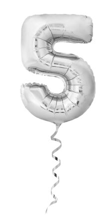 Silver chrome number 5 five made of inflatable helium balloon with a ribbon isolated on white background. Silver party flying balloonの写真素材