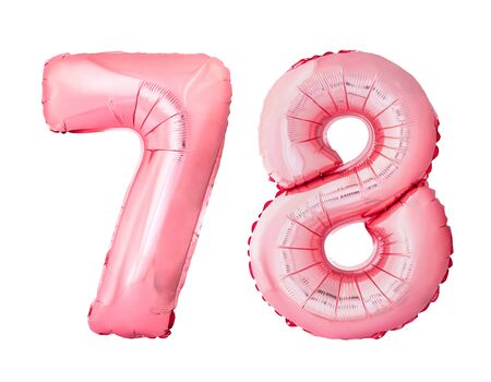 Number 78 seventy eight of rose gold inflatable balloons isolated on white background. Pink helium balloons forming 78 seventy eightの写真素材