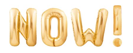 Word NOW! with exclamation mark made of golden inflatable balloons isolated on white backgroundの写真素材