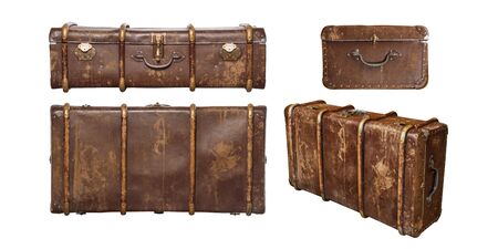 Vintage wooden suitcase set isolated on white background. Brown wooden suitcase collection