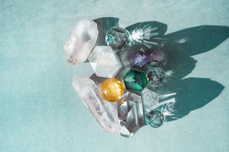 Top view of colorful healing minerals, crystals, gemstoes for relaxation and meditationの写真素材