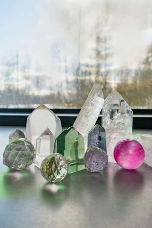 Closeup of spiritual healing crystals against a windowの写真素材