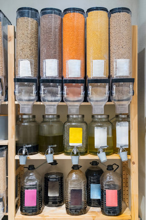 Shelf of organic food to refill in zero waste local shop. Refill station with organic food, oils,...