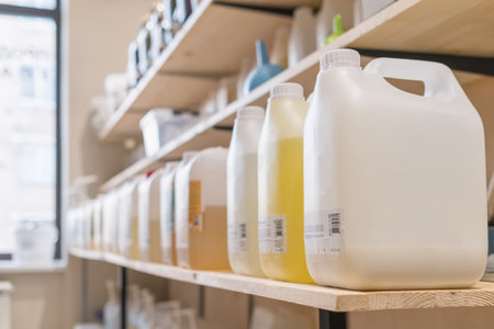Shelf of various organic detergent products in plastic cans to refill in zero waste local store