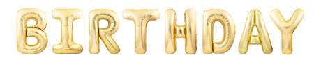 Word BIRTHDAY made of golden inflatable balloons isolated on whiteの写真素材
