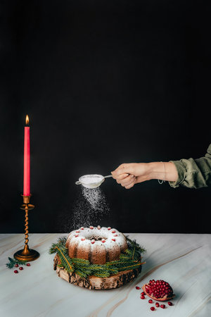 Woman hand sifting sugar powder by sieve on Christmas cake with pomegranat on marble table with dark background. Christmas pomegranat cake with festive decoration and burning candleの写真素材