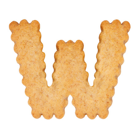 Cookie letter W from alphabet set isolated on white background. biscuit font, cracker letters, cracker cookies alphabetの素材