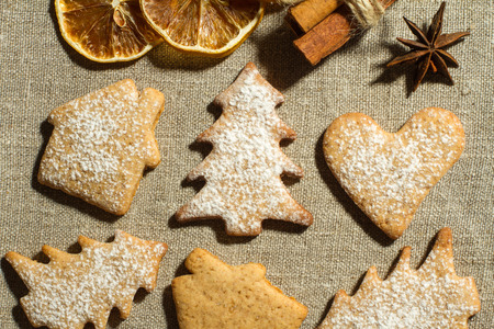 Ginger cookies and dry spices on the flax linenの写真素材