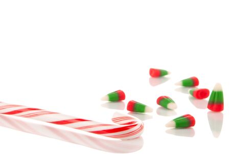New 2011 christmas candy cane and candycorns isolated on a white backgroundの写真素材